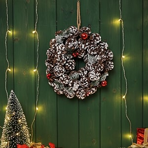 rustic pinecone christmas tree wreath - 12-inch decorative winter wreath with snow-dusted red berries amp greenery - ideal for front door wall or christmas tree decor