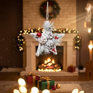 rustic star-shaped wooden hanging ornament  6-inch decor with pinecones red berries amp snowy foliage  ideal for christmas home decoration wall hanging amp festive gifting