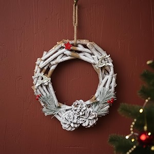 12-inch rustic christmas wreath with pinecones amp red berries  snow-dusted winter holiday door decor  festive xmas tree hanging wreath with rope for home porch amp seasonal decorations
