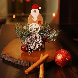rustic wooden diya and candle holder set for christmas decor  pinecones berries snowy foliage tealight stand  festive xmas centerpiece for home decoration celebration and holiday lighting
