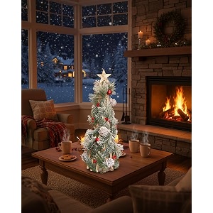 57 cm snow-frosted christmas tree  tabletop xmas decor with pinecones red berries amp wooden base  elegant mini holiday tree for home office party christmas decorations