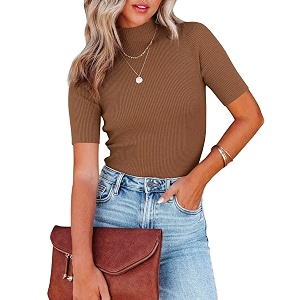 Lacozy Womens Mock Neck Short Sleeve Ribbed