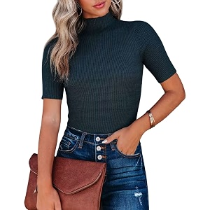 Lacozy Womens Mock Neck Short Sleeve Ribbed