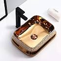 LACTOSE Ceramic Wash Basin table top | Rectangle Counter Top/Over-the-Top European Style (Black Gold) Over Counter Vessel Sink For Bathroom,Living Room,Hotel,Kitchen | Outdoor &amp; Indoor,18x13.7x5.26 IN