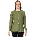 LADY WILLINGTON Women Woolen Round Neck Cardigan Sweater Heavy Front Long Kadai Cardigan Winter Wear Pure Wool Cardigan for Women Free Size Cotty Warm Cardigans with Side Pockets (L, OliveGreen)