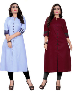 ladylaz pack of 2 solid cotton blend straight kurta for women blue maroon