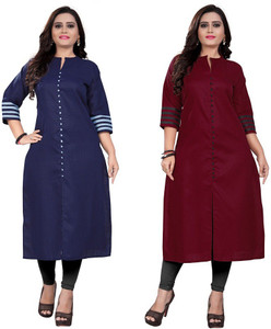 ladylaz pack of 2 solid cotton blend straight kurta for women multicolor