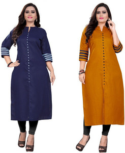 ladylaz pack of 2 solid cotton blend straight kurta for women multicolor