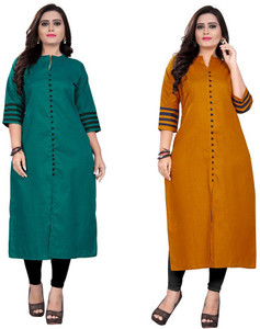 ladylaz pack of 2 solid cotton blend straight kurta for women multicolor