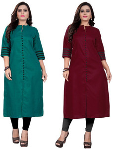 ladylaz pack of 2 solid cotton blend straight kurta for women multicolor