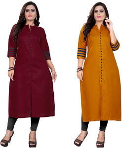 ladylaz pack of 2 solid cotton blend straight kurta for women multicolor