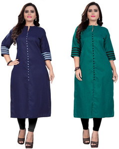 ladylaz pack of 2 solid cotton blend straight kurta for women multicolor