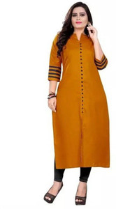 ladylaz striped cotton blend straight kurta for women yellow