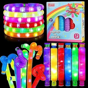 led flashing pop tube fidget 12 pcs toy fun pull and pop tubes sensory tubes for kids adults stretch and bend adhd autism anxiety stress relief toys great gift party prizes
