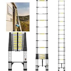 38m 125ft aluminum telescopic ladder compact and capacity 330lb load telescopic ladder with removable hooks rv collapsible ladder for household outdoor use black and orange