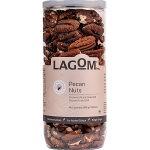 lagom pecan nuts 500g  unsalted small batch roasted  buttery crunchy texture  no preservatives  vegan gluten free non-gmo