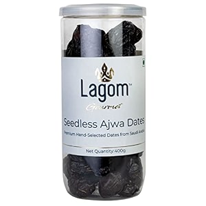 lagom ajwa seedless dates 400g  premium pitted saudi khajoor  soft naturally sweet amp ready to eat  no added sugar no preservatives  vegan gluten free non-gmo