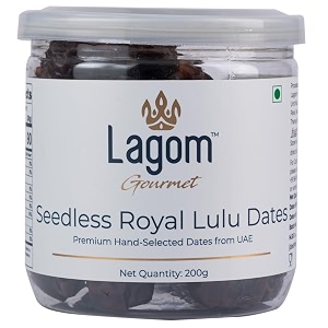 lagom gourmet seedless royal lulu dates  all natural  no preservatives  no added sugar  gluten free  vegan  plant based  non gmo  dates dry fruits  khajur  khajoor  khejur 200 g