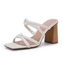 LAICIGO Womens Chunky Block Heels Sandals Square Open Toe Slip on Slides