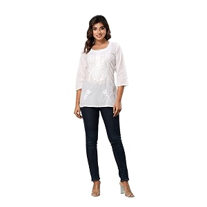 Lucknowi Chikan Embroidered Short Casual White Kurti
