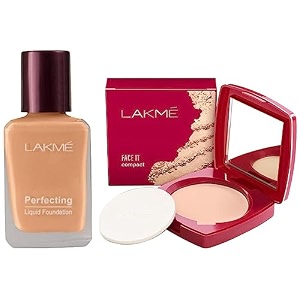 lakm face it compact pearl 9 g amp lakme perfecting liquid foundation shell waterproof full coverage long lasting - light oil free face makeup with vitamin e dewy finish glow 27 ml