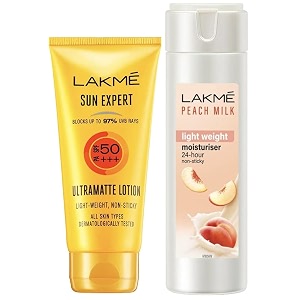 lakm moisturizer body lotion peach milk 200ml and sun expert spf 50 pa fairness uv sunscreen lotion 100ml