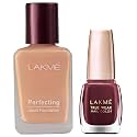 Lakmé Perfecting Liquid Foundation, Marble, 27 Ml &amp; True Wear Nail Polish, Reds And Maroons 401, 9 Ml