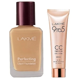 lakm perfecting liquid light coverage foundation pearl for all skin 27ml and  complexion care face cream bronze 9g matte finish 2 count