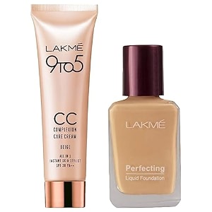 lakm perfecting liquid foundation pearl long lasting waterproof full coverage 27ml amp 9 to 5 cc cream mini 01 - beige light face makeup with natural coverage spf 30 9g