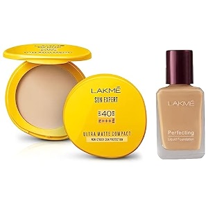 lakm sun expert ultra matte pressed medium coverage spf 40 pa compact 7g and perfecting liquid foundation for all skin type pearl 27ml