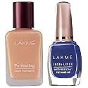 LAKMÉ Perfecting Liquid Dewy Full Coverage Foundation for All Skin Type, Marble, 27 Ml &amp; Insta Liquid Eye Liner, Blue, 9 Ml