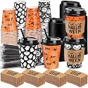 Lallisa 100 Sets 12 oz Halloween Disposable Coffee Cups with Lids and Sleeves Straws, Hot Coffee Paper Cups for holiday Party Drinks Supplies (Dark Ghost)