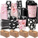 Lallisa 100 Sets 12 oz Halloween Disposable Coffee Cups with Lids and Sleeves Straws, Hot Coffee Paper Cups for holiday Party Drinks Supplies(Cute Ghost)