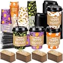 Lallisa 100 Sets Halloween Disposable Coffee Cups with Lids and Straws, 12 oz Paper Cups with Sleeves for Halloween Party Drinks (Pumpkin Design)