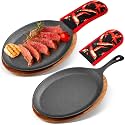 Lallisa Cast Iron Fajita Skillet, Wooden Tray, Protective Mitt, 2 Sets