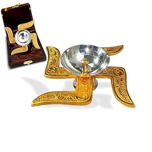 lamina set of 2 medium 4-inch brass swastik diya for puja housewarming and return gift silver amp golden plated pital akhand deep vilakku- with box