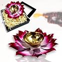 Lamina Set of 4 Lotus Shaped Large Size Brass Diya for Puja (6inch Pink Petals) Center Wick Holder Pital Akhand Kamal Deep Vilakku for Home Décor, Worship, Housewarming, Marriage &amp; Return Gift