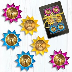 lamina set of 4box lotus shaped small brass diya for puja 6diyas 3inch multicolor petals center wick holder pital akhand deep vilakku for home dcor worship housewarming marriage amp return gift