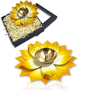 lamina set of 5 lotus shaped large size brass diya for puja 6inch yellow petals center wick holder pital akhand kamal deep vilakku for home dcor worship housewarming marriage amp return gift