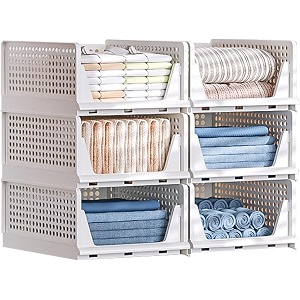 stackable wardrobe organizer for clothes - multipurpose foldable plastic closet storage organizer for kitchen bedroom bathroom pack of 6 white