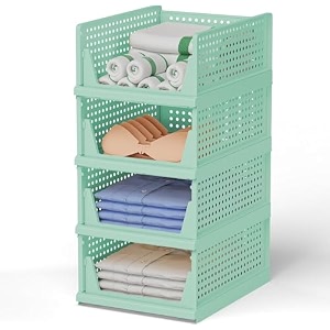 stackable wardrobe organizer for clothes - multipurpose foldable plastic closet storage organizer for kitchen bedroom bathroom pack of 8 green