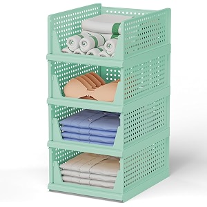 stackable wardrobe organizer for clothes - multipurpose foldable plastic closet storage organizer for kitchen bedroom bathroom pack of 6 green