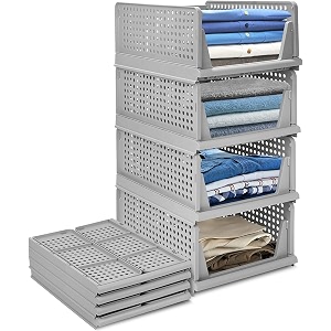 stackable wardrobe organizer for clothes - multipurpose foldable plastic closet storage organizer for kitchen bedroom bathroom pack of 4 grey