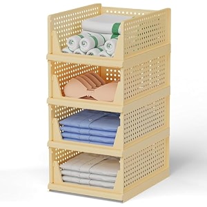 stackable wardrobe organizer for clothes - multipurpose foldable plastic closet storage organizer for kitchen bedroom bathroom pack of 5 yellow
