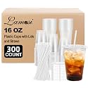 Lamosi 300 Pack 16 oz Plastic Coffee Cups with Lids, Disposable Clear Cups