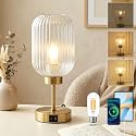LAMSU Vintage Gold Touch Table Lamp, Small Desk Lamp with Clear Glass Shade, Bulb, Charging Port, Mid Century Modern Bedside Lamp, 3 Way Dimmable Nightstand Lamp for Bedroom Living Room Home Decor