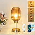 LAMSU Vintage Gold Touch Table Lamp, Small Desk Lamp with Amber Glass Shade, Bulb, Charging Port, Mid Century Modern Bedside Lamp, 3 Way Dimmable Nightstand Lamp for Bedroom Living Room Home Office