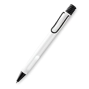 lamy safari 219 medium nib ball pen box pack  sturdy plastic white amp black body  metal clip chromium-plated steel nib  black ink pack of 1