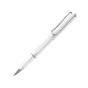 lamy safari 319 medium nib roller ball pen box pack  sturdy plastic white body  metal clip chromium-plated steel nib  black ink pack of 1