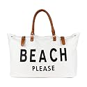 Lamyba Beach Bag with Vegan Leather Handle, Extra Large Beach Bag for Women Waterproof Sandproof, White